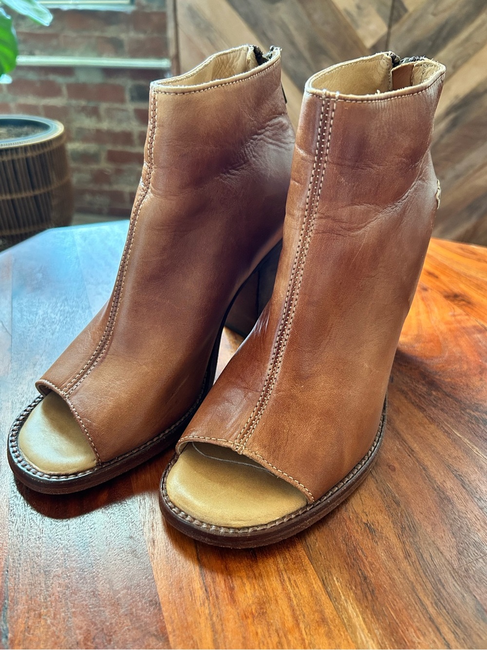 Bed Stu Peep Toe Leather Booties Tan Rustic - Size 8